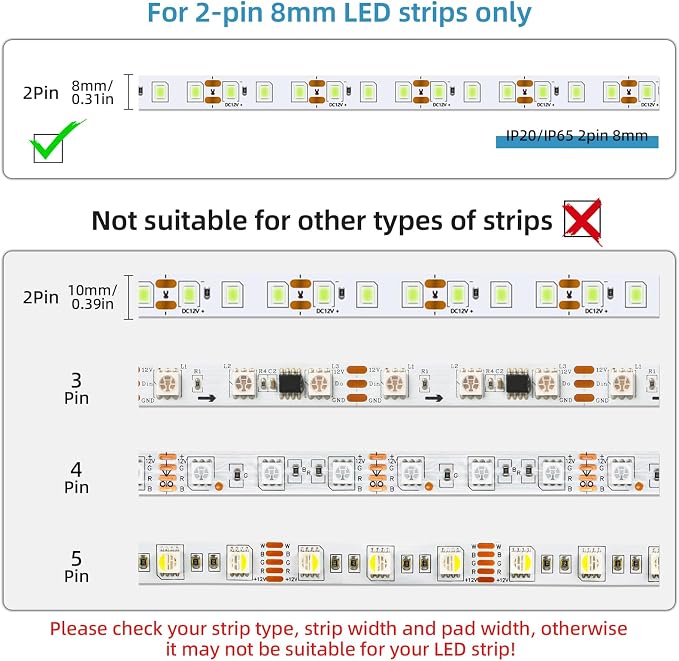 RGBZONE 10pcs 2-Pin 8mm LED Strip to Wire Connectors and 10m/32.8ft 2 Pin Extension Wire for Waterproof or Non-Waterproof Single Color LED Strip Lights(IP20/IP65) - Image 3
