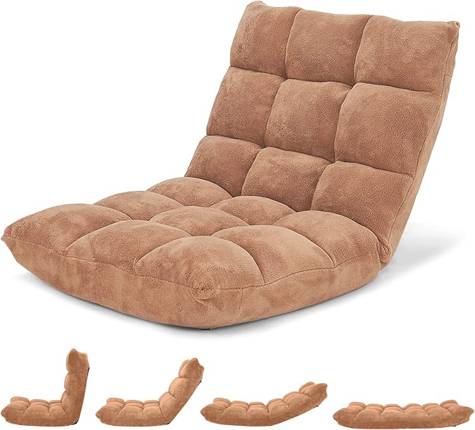GIANTEX Folding Floor Chair with Back Support, 14 Adjustable Position, Padded Sleeper Bed, Couch Recliner, Gaming Floor Chairs for Adults, Meditation, Living Room (TAN) by Giantex
