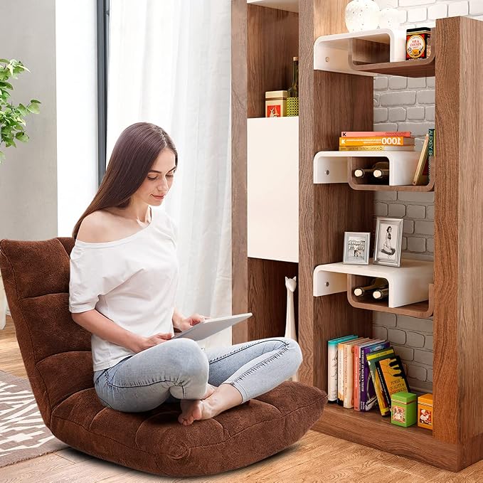 GIANTEX Floor Chairs for Adults, Floor Gaming Chair w/Back Support (Coffee) | Coral Velvet, 14 Adjustable Position, Thick Sponge Padding, Floor Seating Lounge for Reading, Watching TV, Meditation - Image 2