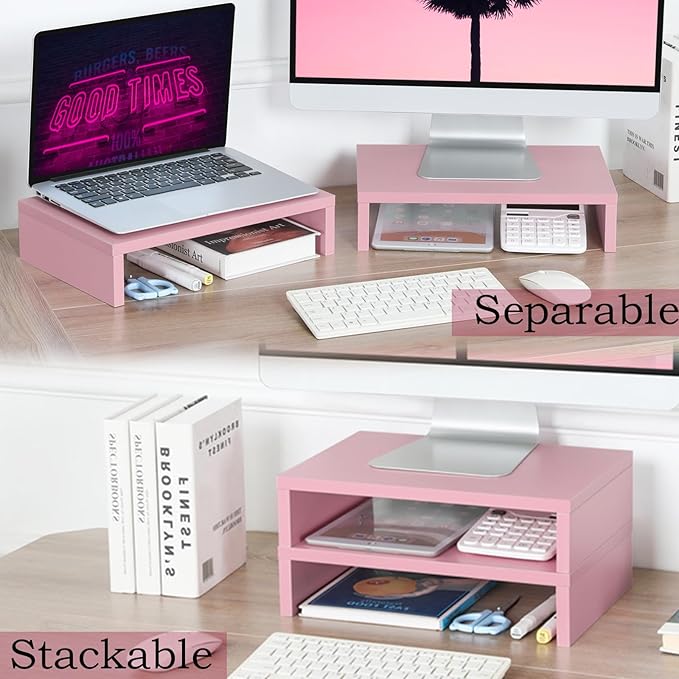 TEAMIX Pink Monitor Stand Riser - 2 PackS, Wood | Dual Stand for 2 monitors. Holds 80 lbs, Stack or Separate Adjustable Use, Fits laptop, TV, PC. For Home Office, Gaming - Image 3