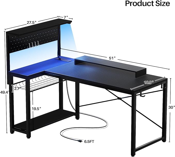Homieasy Small Gaming Desk with Power Outlets Pegboard LED Light, 51 Inch L Shaped Computer Desk with Monitor Stand Storage Shelves, Reversible Corner Desk with Headset Hooks, Carbon Fiber Black - Image 3