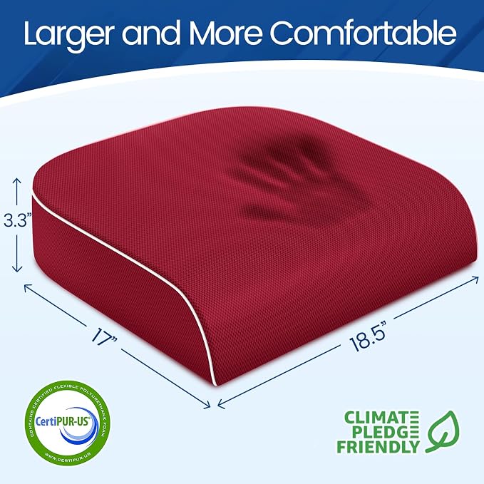 SweetSlubr Seat Cushion, Chair Pad, Memory Foam Tailbone Pain Relief | Office Chair Cushion for Tailbone Pain Relief, Non-Slip Cover, Soft Support for Office Chair, Car Seat, Airplane,X-Large/Red - Image 2