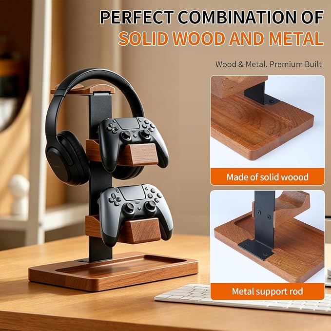 Headset Stand with Gaming Controller Holder, Wood Headphone Stand with Storage Base, Gaming Equipment Accessories for Desk - Image 4
