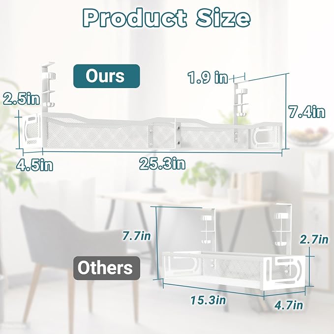 Cable Management Under Desk, 25.3'' No Drill Desk Cable Management Tray with Clamp, Metal Cord Organizer for Standing Desk, Computer Wire Management for Home Office & Gaming Setup, White - Image 2