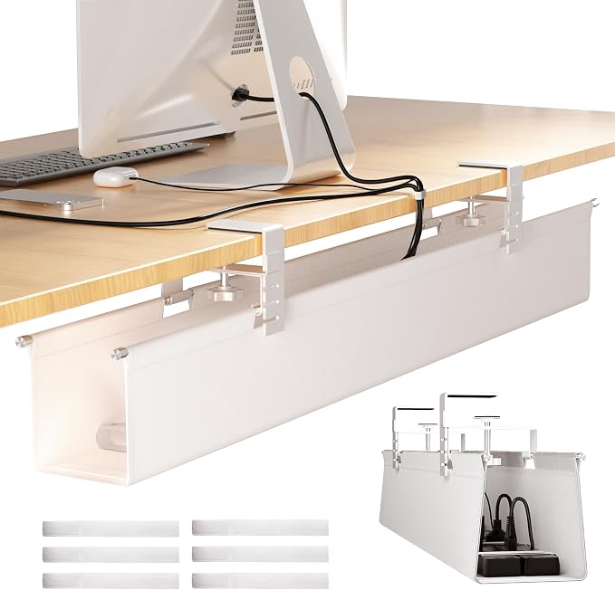 [Upgraded] Large Under Desk Cable Management Tray, Cinati Cable Management Under Desk No Drill, 28.4" Fabric Cord Hider for Wire Organizer, Cord Organizer for Office, Home - Supports Up to 30lbs White by Cinati