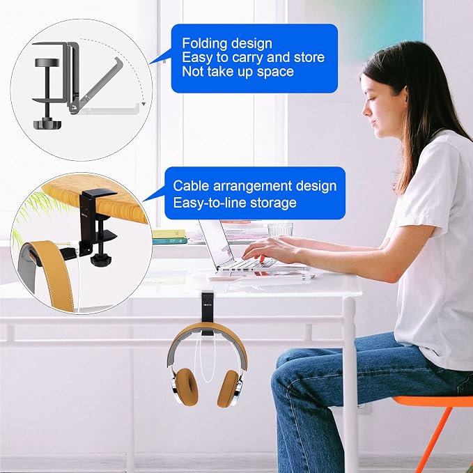 Aluminum Headphone Stand Hanger Foldable with Cable Clip - - Image 4