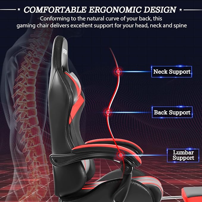 RGB Gaming Chair with LED Lights Massage Ergonomic Computer Chairs-Red | High Back Video Game Chair with Footrest & Adjustable Lumbar Support Gamer Chairs for Adults Racing Style Recline - Image 6