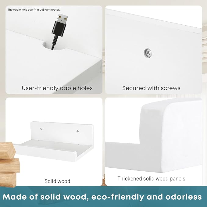 Floating Wall Shelves Set of 2, 12-Inch Solid Wood Shelves with Cable Holes, Small Display Shelf for Router, Webcam, Smart Speaker, Camera – White - Image 6