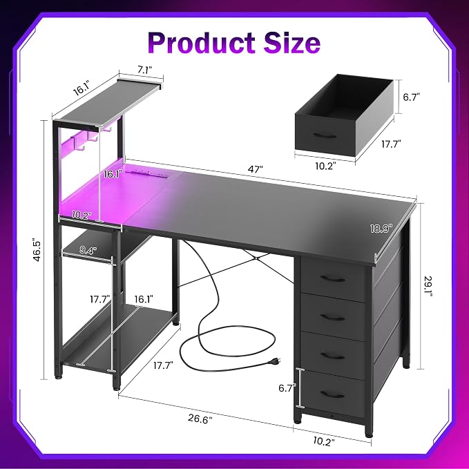 47in Gaming Computer Desk with Drawers & Storage Shelf & Iron Hook, Black - Image 3