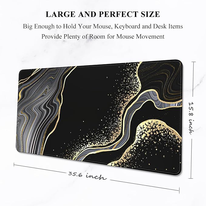 Auhoahsil Extended Mouse Pad, XXL Desk Pad Gaming Mousepad, Large Big Laptop Computer Keyboard Desk Mat with Non-Slip Base Stitched Edge for Gaming Office Men Women, 35.5 x 15.7 in, Black Marble - Image 2