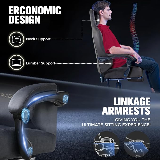 GTPLAYER Big and Tall Gaming Chair 400lbs Heavy Duty Office Chair with Foot Rest, High Back Pocket Spring Ergonomic Computer Chair for Adults, Wide Comfy Seated Cushion with Linkage Armrests, Grey - Image 5