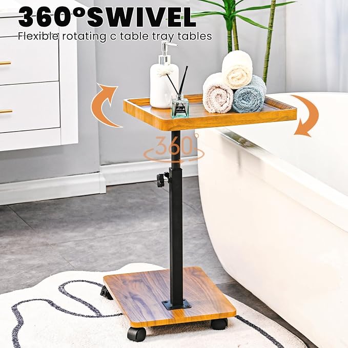 C Table End Table Adjustable Height,C Shaped End for Couch，Snack Tables,360°Swivel TV Tray Sofa Table,Tables that Slide Under,Coffee SideTable for Bed,Chair,Bath-tub (Original Wood Color) - Image 5