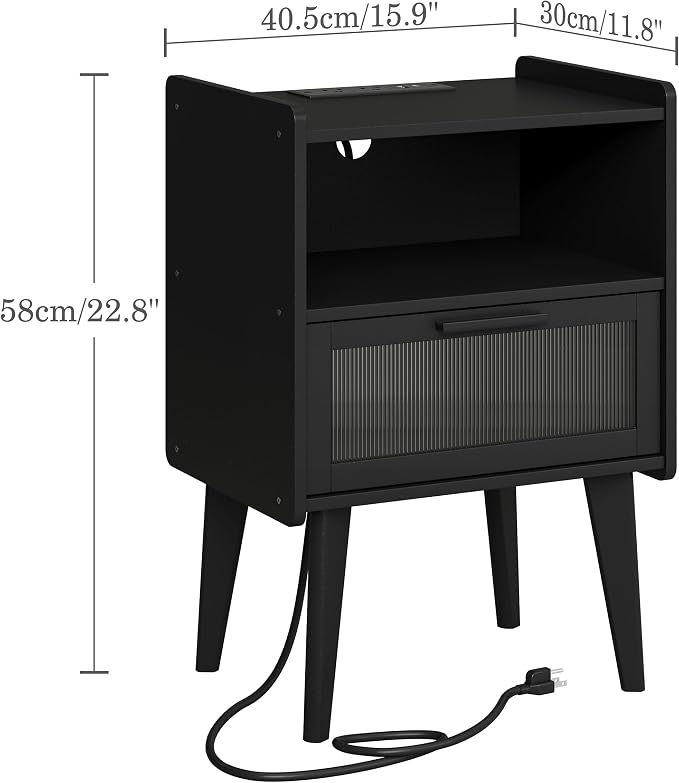 MMEOLUOOK Nightstand with Charging Station, Bedside Tables, End Table Side Table with 2 Tiers Storage Space, for Bedroom, Living Room, Black CAMLBZ07BE - Image 3