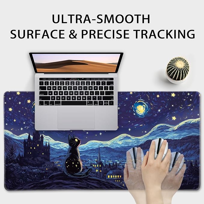 Starry Night Cat Large Gaming Mouse Pad Desk Mat 31.5"x15.7" | Extended Mousepad, Non-Slip Rubber Base , Stitched Edges, for Computer/Laptop/Office/Home - Image 6