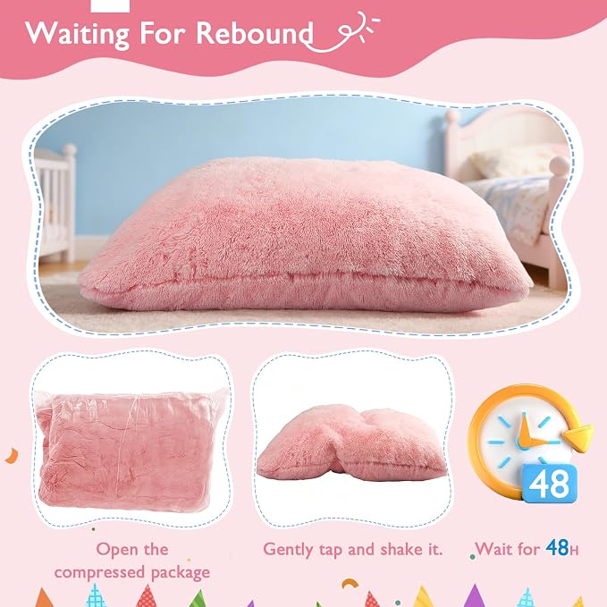 3 in 1 Kids Bean Bag Chair Bed, Kids Fluffy Stuffed Floor Pillow for Gaming and Reading, Ultra Soft Faux Fur Fabric Bean Bag Chairs to Lounger for Playroom, Living Room, Bedroom, Pink - Image 7