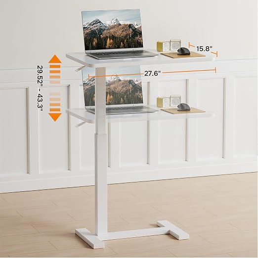 Overbed Bedside Table with Hidden Casters, Adjustable Pneumatic Mobile Laptop Computer Standing Desk, Rolling Laptop Table, Movable Overbed Table Hospital Home Use, White - Image 3