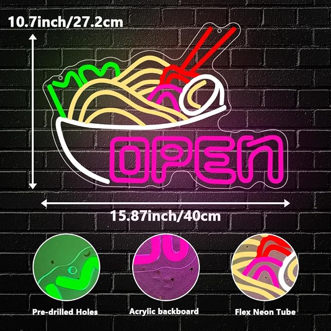 Ramen Open Neon Sign, Ramen Led Neon Sign Light for Wall Decor Noodle Business Open Light Up Sign Lamp for Restaurant Ramen Shop Store Kitchen Home Bar Cafe Dinning Room USB Powered(15.8"*10.7") - Image 3
