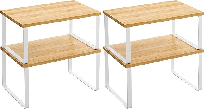 SONGMICS Cabinet Organizer Shelf, Set of 2 Kitchen Counter Shelves, Kitchen Storage, Spice Rack, Stackable, Expandable, Metal and Engineered Wood, Cloud White and Natural Beige UKCS02NW (Pack of 2) by Unknown