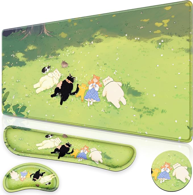Canjoy Desk Mat with Wrist Rest, Anime Desk Pad for Keyboard and Mouse 4-in-1 Cute Cat Mouse Pad + Keyboard Wrist Rest+ Coaster(35.4×15.7 in) Extended Desk Pad Memory Foam Non-Slip Desk Mat by Canjoy