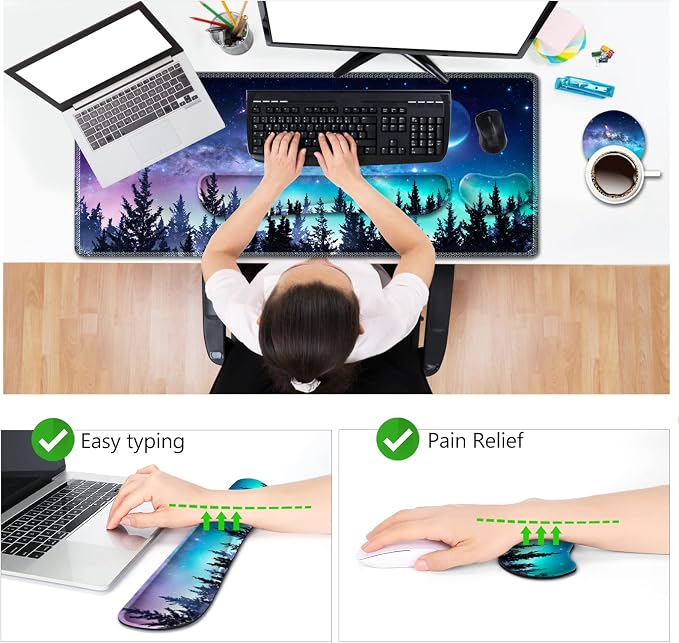 AIMSA Large Gaming Mouse Pad Set, Keyboard Wrist Rest Support + Extended Mouse Pad + Mouse Wrist Cushion + Coaster, Ergonomic Memory Foam Multifunctional Desk Mat 35x15.7inch (Forest Moon Sky) - Image 3