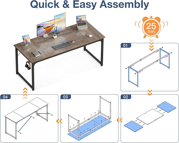 Casaottima 63 Inch Computer Desk for Home Office, Study Writing Table for Small Spaces, Simple Modern Desk with Headphone Hooks, Grey Oak - Image 5