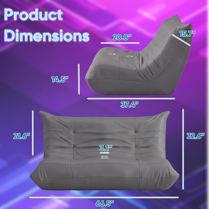 Homall Floor Gaming Chair Boneless Loveseat Couch, Ergonomic Floor Sofa Couch with Cup Holders, Leather Lazy Floor Lounger for Gaming, Reading, Relaxing, Watching TV (Grey) - Image 2