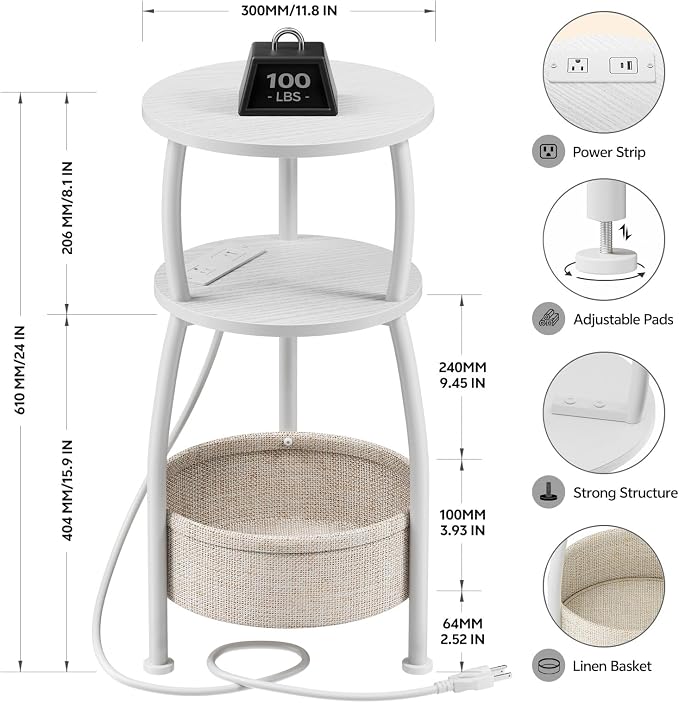 Side Table with Charging Station, Small Round End Table with Basket - Image 3