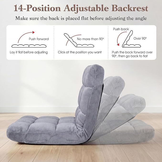 GIANTEX Floor Chair with 14-Position Adjustable, Couch Recliner (Grey) | Soft Flannel Fabric Cover, Heavy Duty Metal Support, Folding Gaming Floor Chair for Adults, Reading - Image 6
