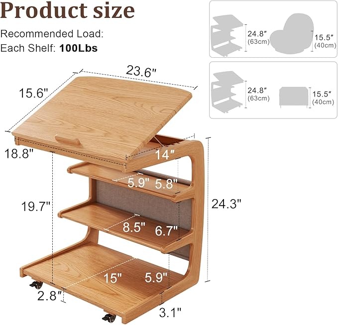 AQIMUELE Rolling Side Table, C Shaped End Table, C Table with 4 Wheels Solid Wood Small Rolling Desk with Adjustable Desktop,C Shaped End Table for Couch,Home Office(15.6" D x 23.6" W x 24.3" H) - Image 6