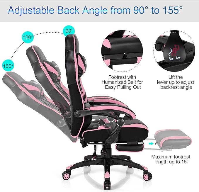 GYMAX Gaming Chair, Ergonomic Computer Chair with Footrest, Linkage Armrests & Lumbar Cushion, Big Wide High Back Video Gaming Chair, Reclining Office Rolling Chair for Adult/Teens (Pink) - Image 6