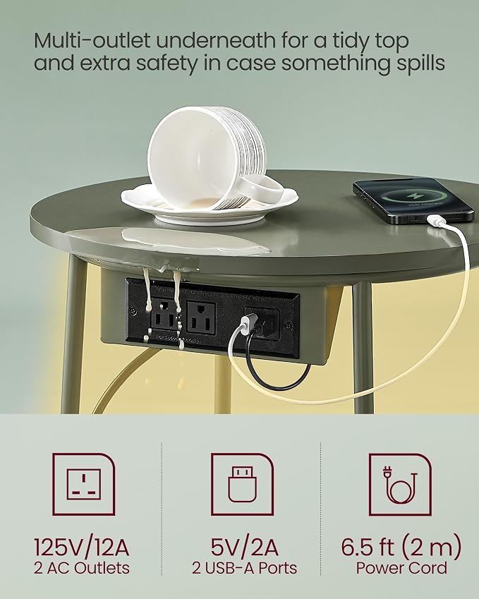 VASAGLE Side Table with Charging Station,Fabric Basket, LED Round End Table - Image 4