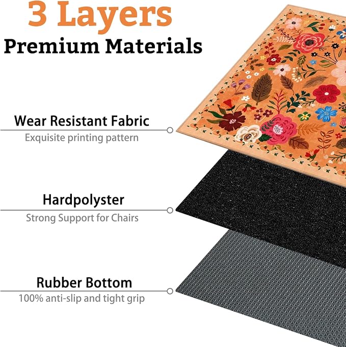 Office Chair Mat for Hardwood & Tile Floor,Boho Floral 36"x48" Computer Chair Mat for Rolling Chairs Carpet,Under Desk Non Slip Gaming Rug,Low-Pile Rubber Backing Large Protector Mat(Orange) - Image 3