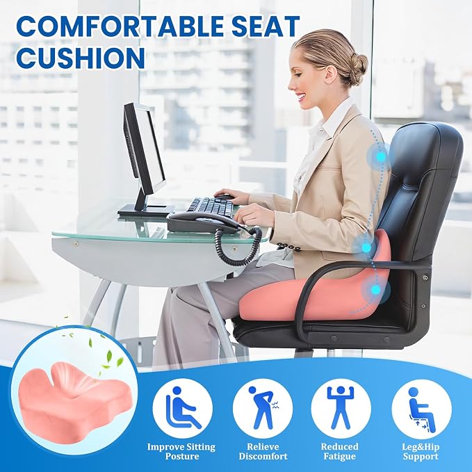 CushZone Ergonomic Seat Cushion, Sciatica Support for Office Chair, Pink | Large Size for Sciatica & Hip & Tailbone Pain Relief, Memory Foam Office Chair Cushion for Car, Long Trip, Desk Chair, Lab - Image 4