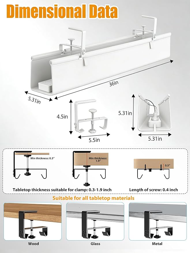 Oxford Cloth Under Desk Cable Management Tray,No-Drill 36" Desk Cable Management Organizer with Clip/Screw Installation,Fabric Cable Management for Home,Office & Gaming Computer(White) - Image 3