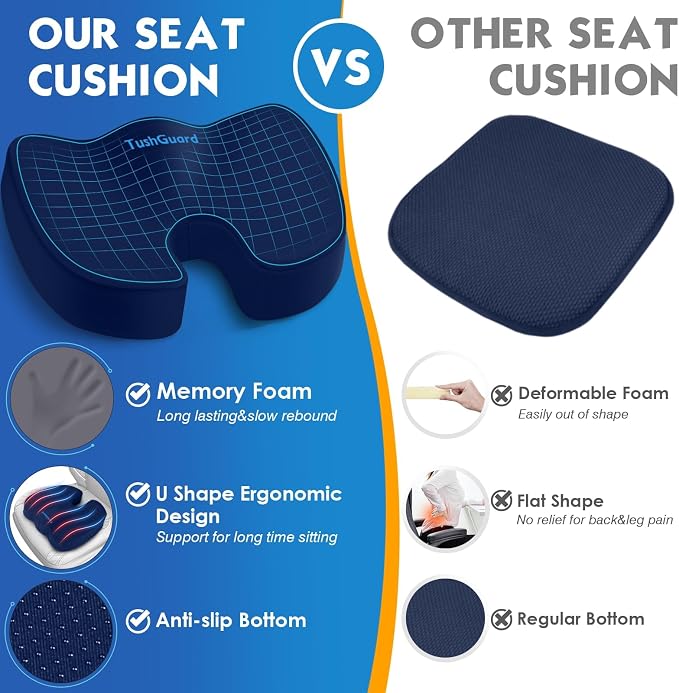 TushGuard Seat Cushion for Office Chair, Car, Memory Foam, Blue XX-Large | For Back, Coccyx, Sciatica, Tailbone Pain, Ergonomic Design, Non-Slip, Desk Wheelchair Use, Supportive Butt Pillow, For Man - Image 4