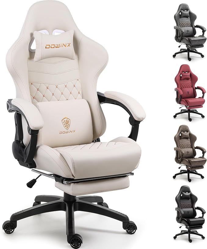 Dowinx Big & Tall Vintage Gaming Chair for Adults, 400 lb Capacity Heavy Duty Ergonomic Computer Chair with Massage Lumbar, Footrest & Easy Side Recline, Ivory Beige by Dowinx