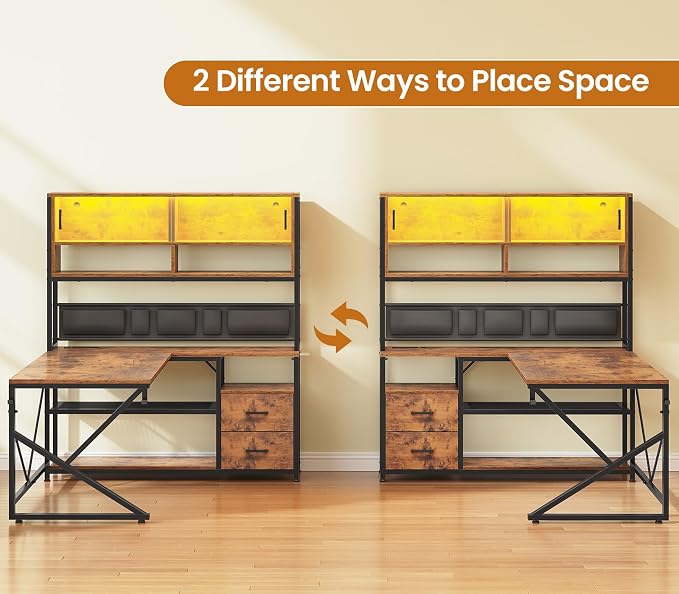 SEDETA L Shaped Office Desk with Storage Shelves, 2 Drawer, LED Light - Image 4