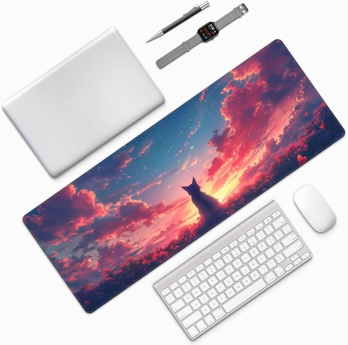Gaming Mouse Pad Desk Pad,Extended Big Mouse Pad,31.5x11.8 Inch Long Computer Keyboard Mouse Mat Mousepad with 3mm Non-Slip Base and Stitched Edge for Gaming and Office… (Sunset Cat) - Image 9