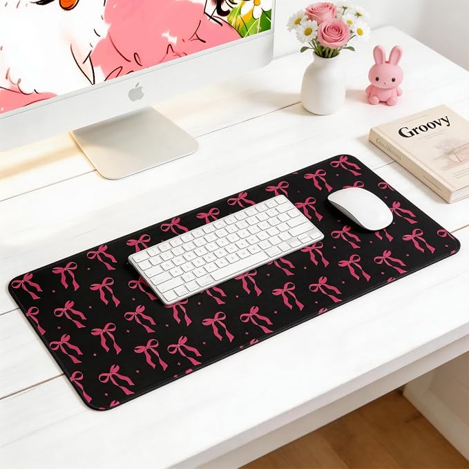 Large Gaming Mouse Pad 31.5 x 11.8in Desk Mat for Office Mousepad Anti-Skid Rubber Base Soft Comfortable and Durable Desk Pad (Black Bow) - Image 3