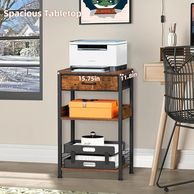 Lerliuo End Table with Fabric Drawer,3 Tier Industrial Wood Side Table with Storage,Modern Tall Printer Stand,Vintage Brown Nightstand,Rustic Bedside Tables for Living Room Bedroom Small Spaces - Image 4