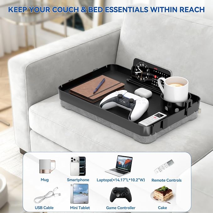 Lap Tray with Cushion Plastic Lap Desk with Cushion 15.5”Large Breakfast in Bed Tray with Removable Cushion & Cup/Phone Holder, Lap Table with Laptop Pocket for Couch TV Adults Eating Gaming Black - Image 2