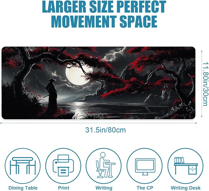 Large Gaming Mouse Pad, Japanese Samurai Desk Mat, XL Extended Big Mousepad with Non-Slip Rubber Base, Keyboard Computer Mat for Gamers, Office &Home, 31.5x11.8in, Red Maple - Image 2