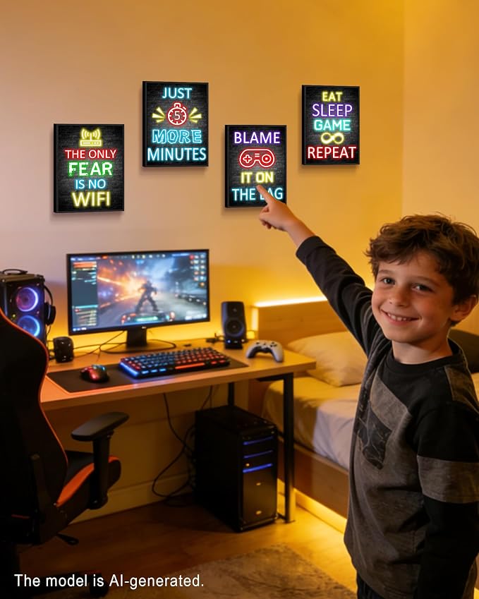 Video Gamer Room Decor for Teen Boys Gaming Wall Art Gamer Neon Sign Teenage Bedroom Decor Ready to Hang Set of 4, 11x14in (Black Framed) - Image 4