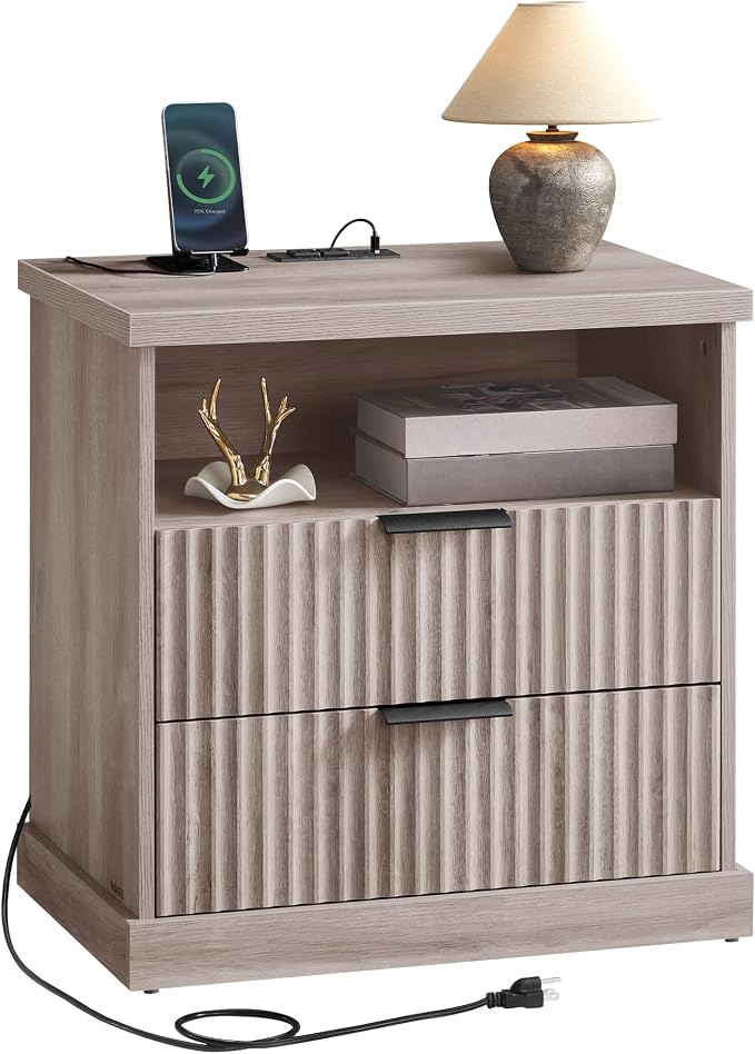 VASAGLE Nightstand with Charging Station, 2 Drawers, Open Shelf by Unknown