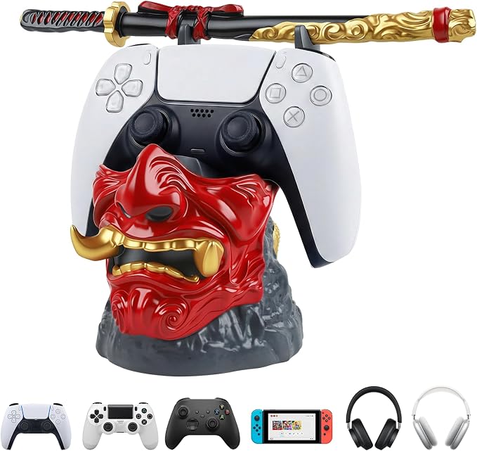 Gaming Controller Holder Stand Accessories: Samurai Warrior Mask Stand for PS5 Xbox Switch & Headsets, Resin Multi-Device Gaming Stand Desktop Organizer & Unique Gamer Gift by WFXSHparts