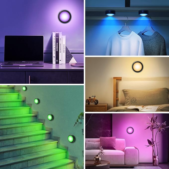 Cadrim Puck Lights, 4 Pack LED Puck Lamp Set, Battery Powered Under Cabinet Lighting, 13 Color Changing, 1 Wireless Remotes for Kitchen Closet Bedroom, Black - Image 5