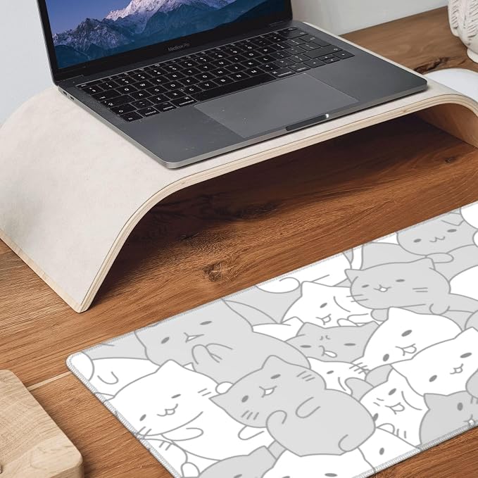 White Kawaii Cats E-Sport Mouse Pad Large Desk Mat Non-Slip Rubber Base Stitched Edge Keyboard Mouse Pad for Office Home E-Sport Computer Laptop, 31.5×11.8 Inches - Image 8