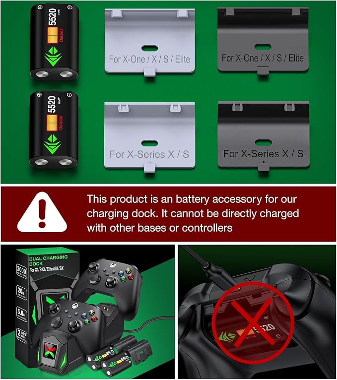 Controller Rechargeable Battery Pack - 2X5520mWH Xbox Battery Pack for Xbox One/Series X/S,Xbox One S/X/Elite, Xbox Controller Battery Pack with 4 Battery Covers,Without Base - Image 7