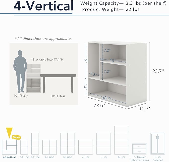 Homes: Inside + Out Apexa 4-Vertical Storage Organizer Shelves, Stackable Wood Bookcase for Organization, Dorm Teen Room Decor & Home Office, Taupe Grey - Image 3