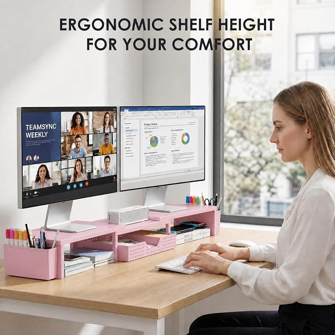 OPNICE Desk Organizers and Accessories, Dual Monitor Stand Riser with Drawer and 2 Pen Holders, Desk Shelf Computer Racks for Office Workspace Organizers, Desktop Organization (Pink) - Image 2
